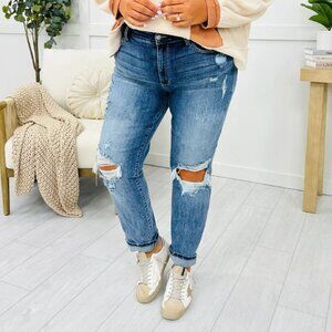Judy Blue Mid Rise Boyfriend Distressed Stretch Comfort Jeans Plus Size 16
